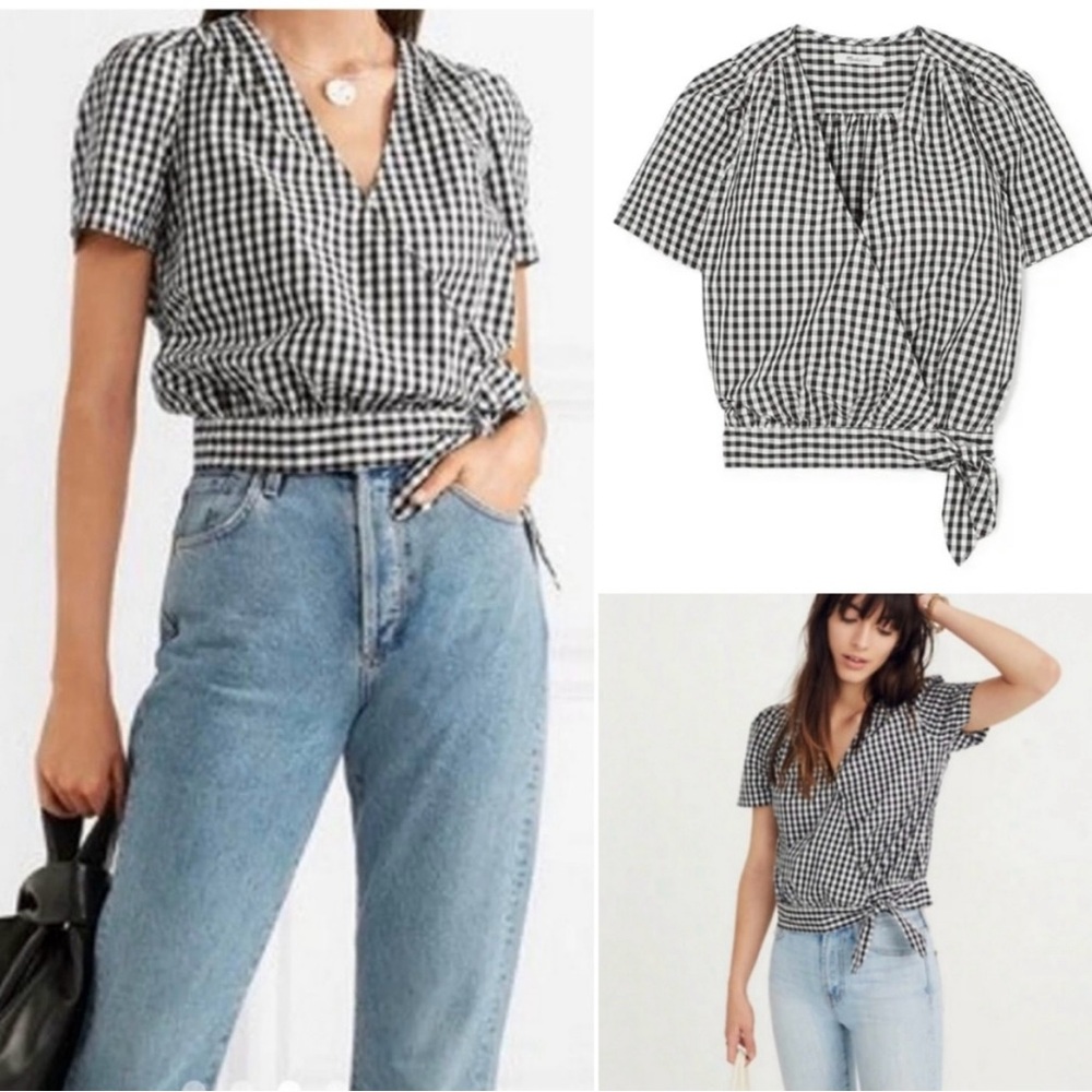 Madewell Black and White Wrap blouse top Short Sleeve gingham check size small